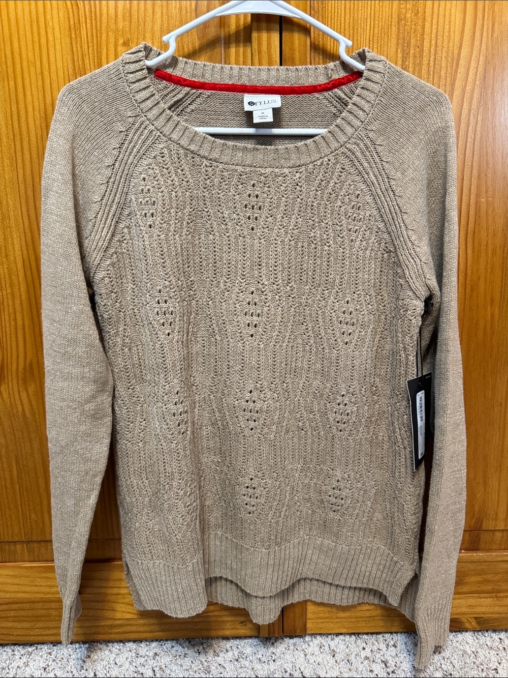 NYDJ Tan Textured Crewneck Sweater with Red Neck Trim.  Stylus brand .